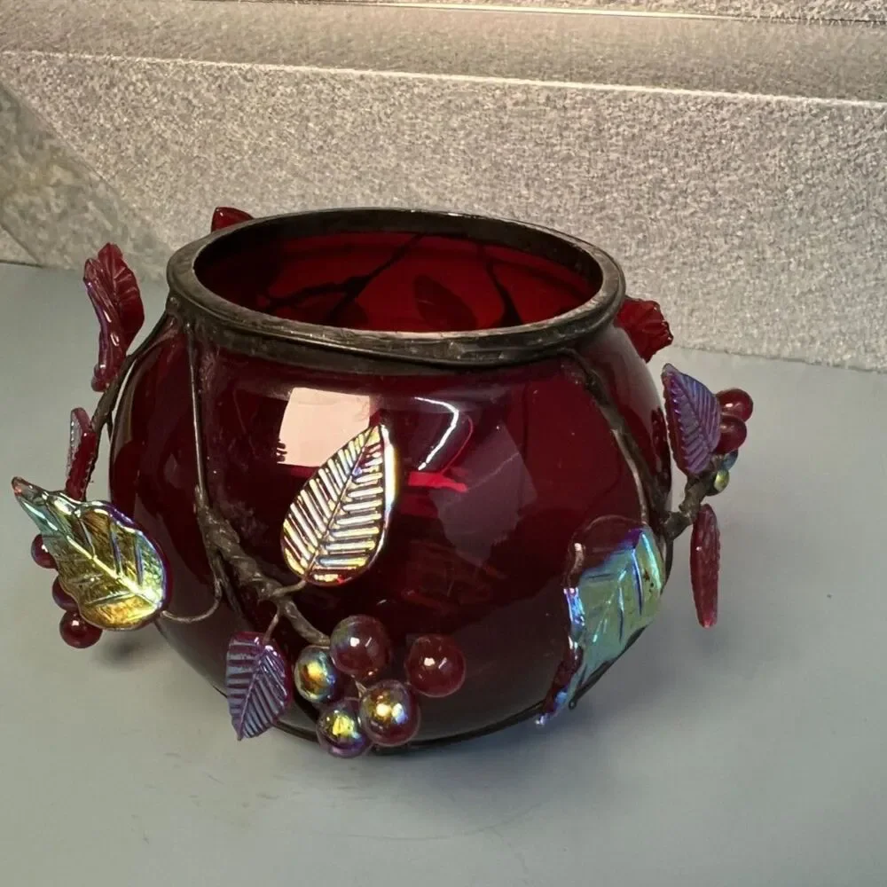 Vintage Cranberry Red Glass Centerpiece Bowl/Vase with Iridescent Leaves